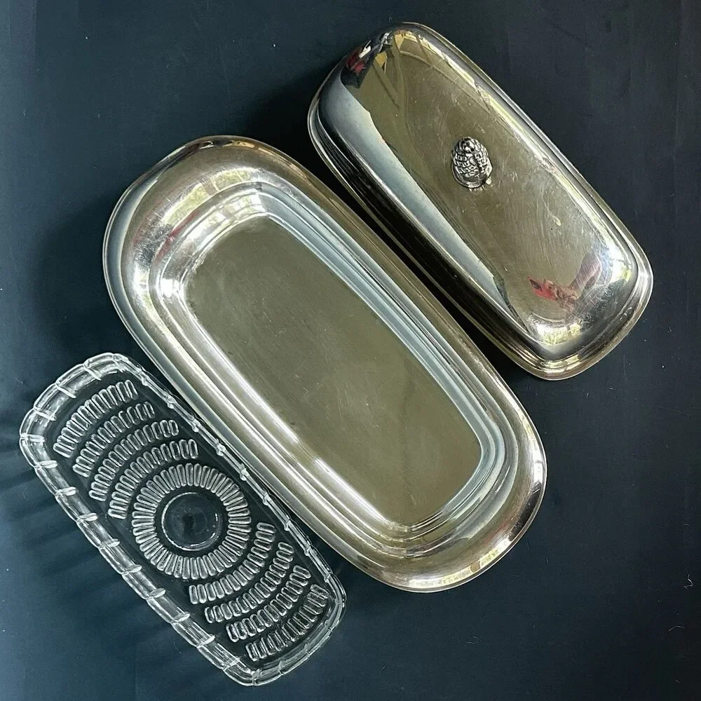 Vintage Silverplate, Butter Dish Elegant Patterned Pineapple Top, Glass insert